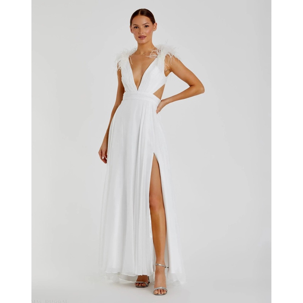 Mac‎ Duggal 68113 White Feather Shoulder Cutout Lace Up Back Gown size 10 NWT